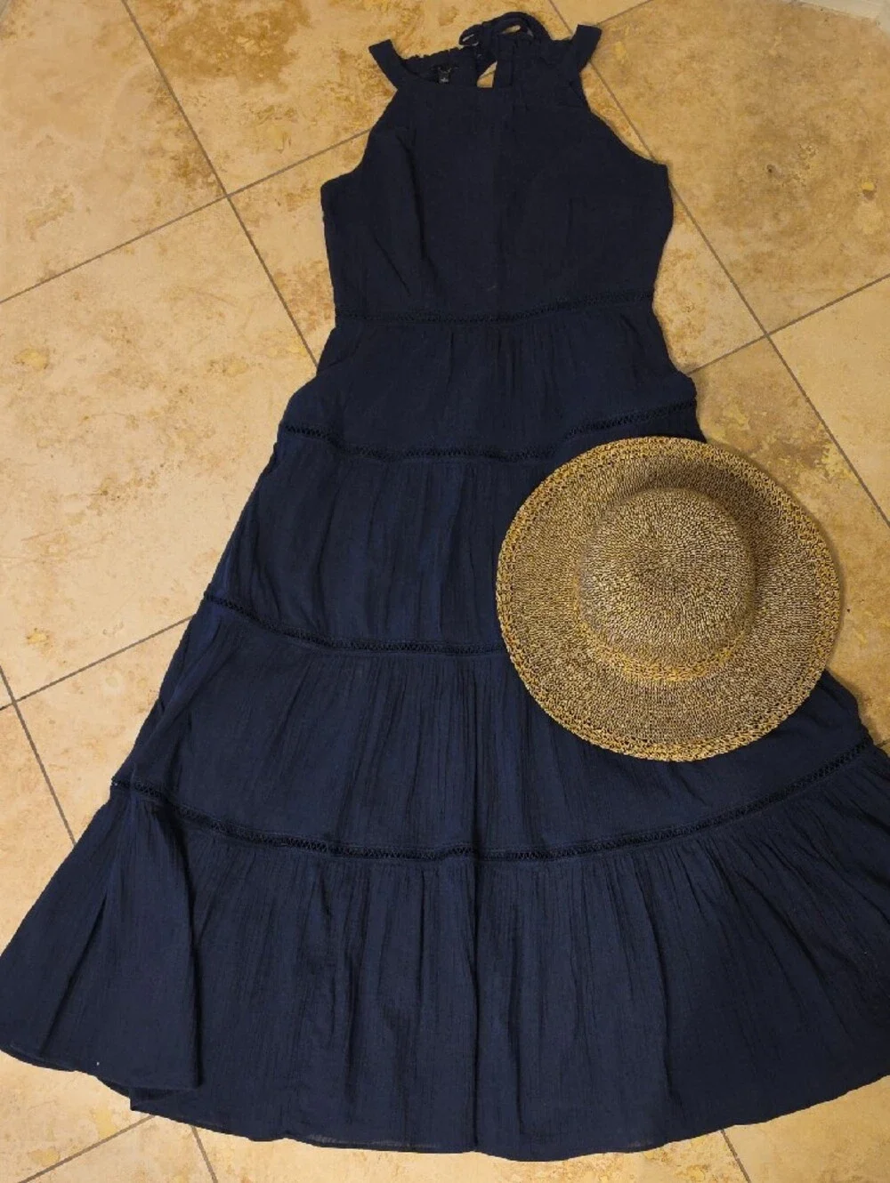 Talbots Navy Blue Tiered Maxi Dress Cotton Gauze Sleeveless Boho - Picture 2 of 7